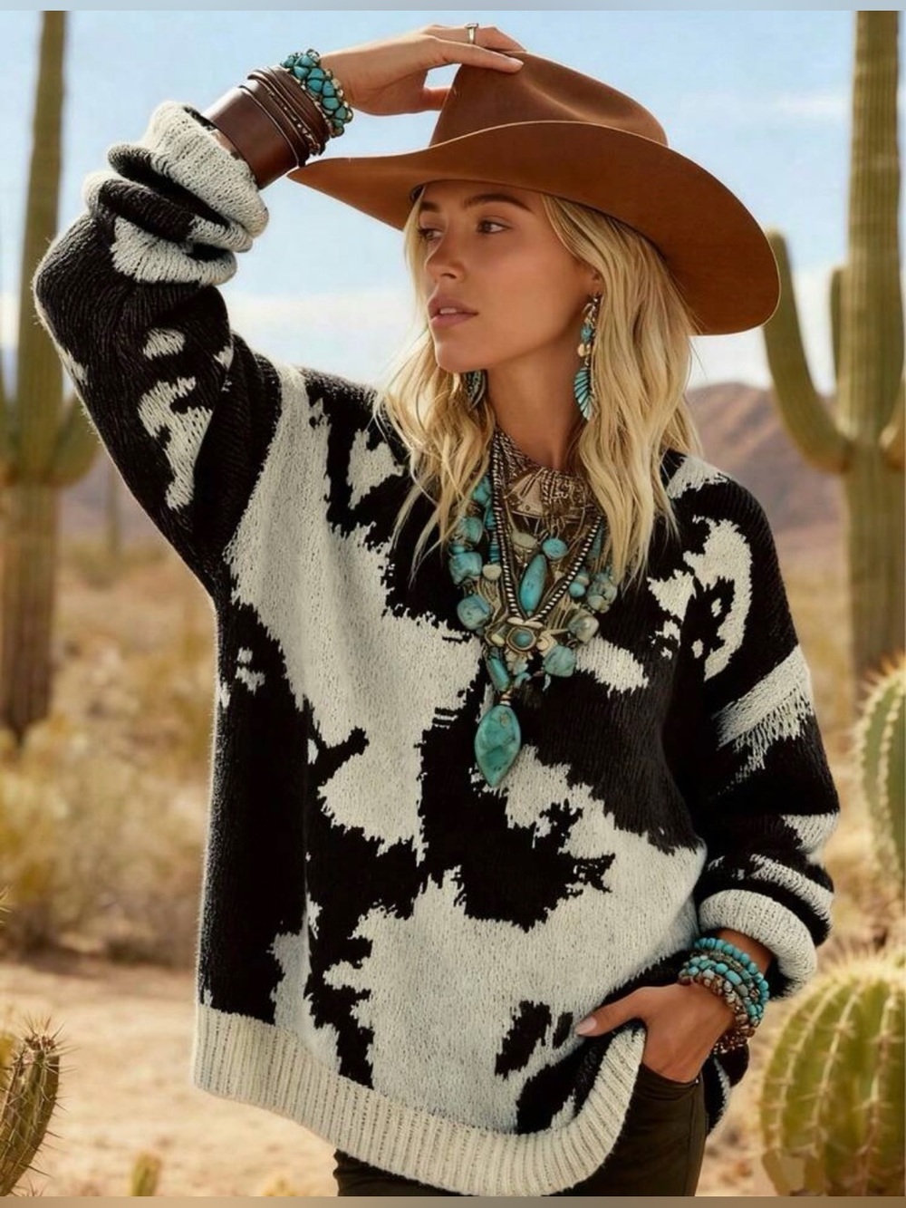 Western Sweater Women's Black & White Patterned Sweater - Cozy Oversized Knit